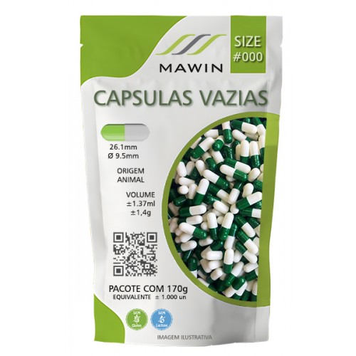 CAPSULA GELATINA N000 DE 1,4g - VERDE / BRANCA - PACOTE COM 1.000