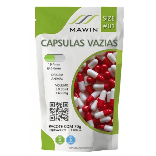 CAPSULA GELATINA N1 DE 450mg - VERMELHO / BRANCA - PACOTE COM 1.000