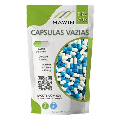 CAPSULA GELATINA N3 DE 250mg - AZUL CLARO / BRANCA - PACOTE COM 1.000 CAPSULA GELATINA N3 DE 250mg - AZUL CLARO / BRANCA - PACOTE COM 1.000
