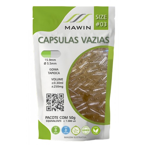 CAPSULA VEGETAL GOMA DE TAPIOCA N3 DE 250mg - INCOLOR - PACOTE COM 1.000