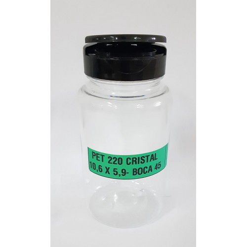 FRASCO FARMACEUTICO PET 220 CRISTAL - TAMPA FLIP PRETA - PACOTE COM 10 un