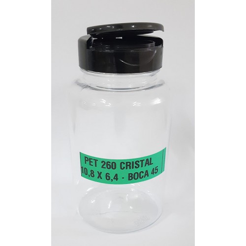 FRASCO FARMACEUTICO PET 260 CRISTAL - TAMPA FLIP PRETA - PACOTE COM 10 un